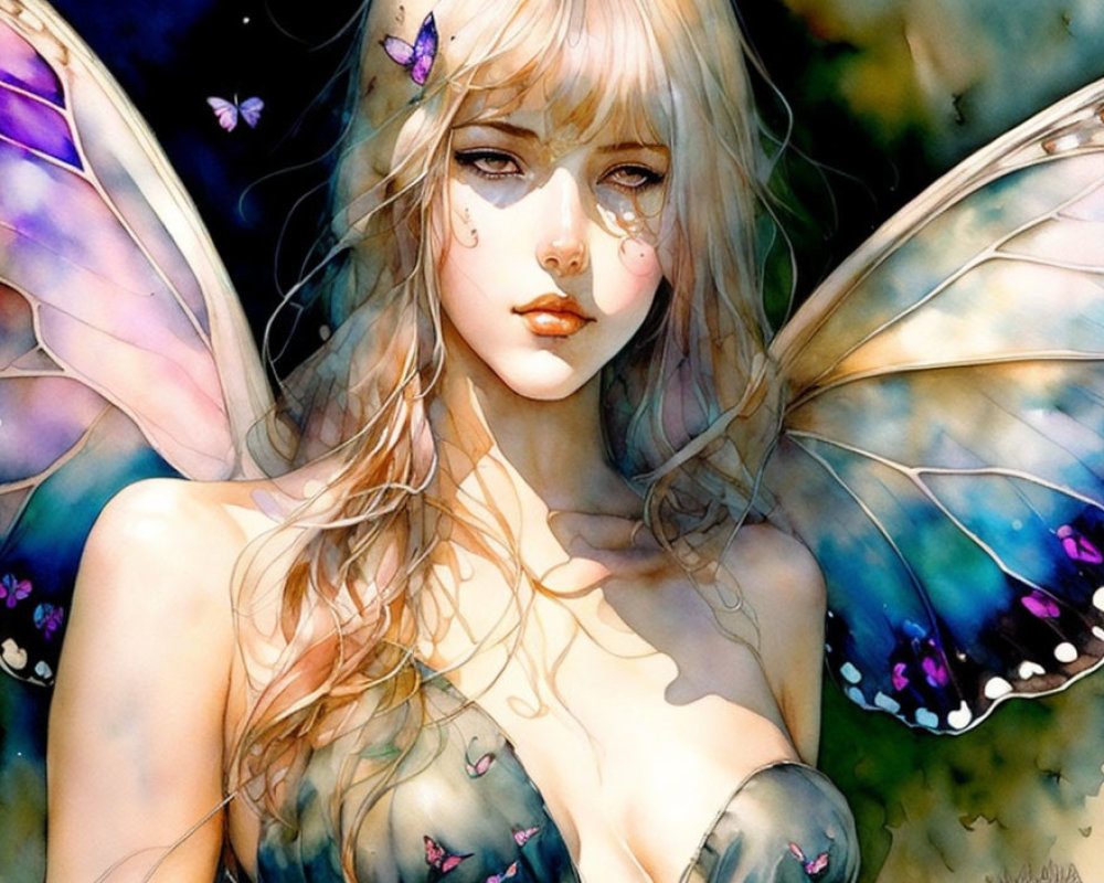 Delicate fairy surrounded by butterflies in vibrant colors