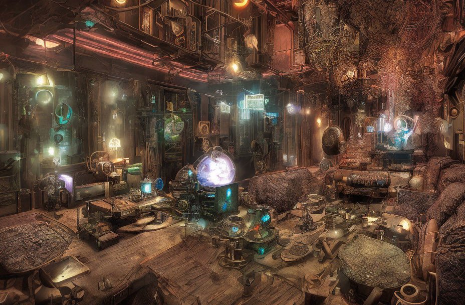 Steampunk-themed room with vintage furniture and glowing orbs