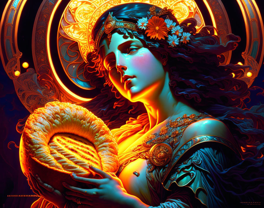 Colorful artwork of woman with flowers in hair holding glowing pie against golden backdrop