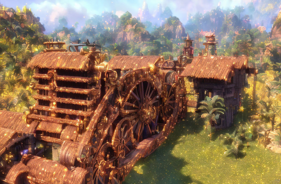 Fantastical landscape featuring large wooden gear-driven structure in lush forest.