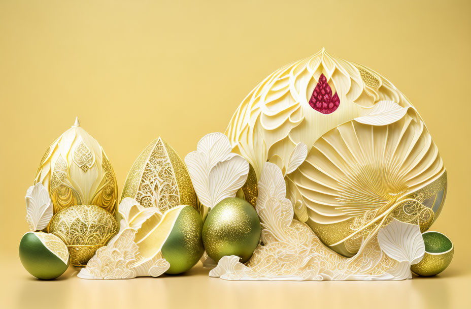 Intricate golden patterned Easter eggs on yellow background