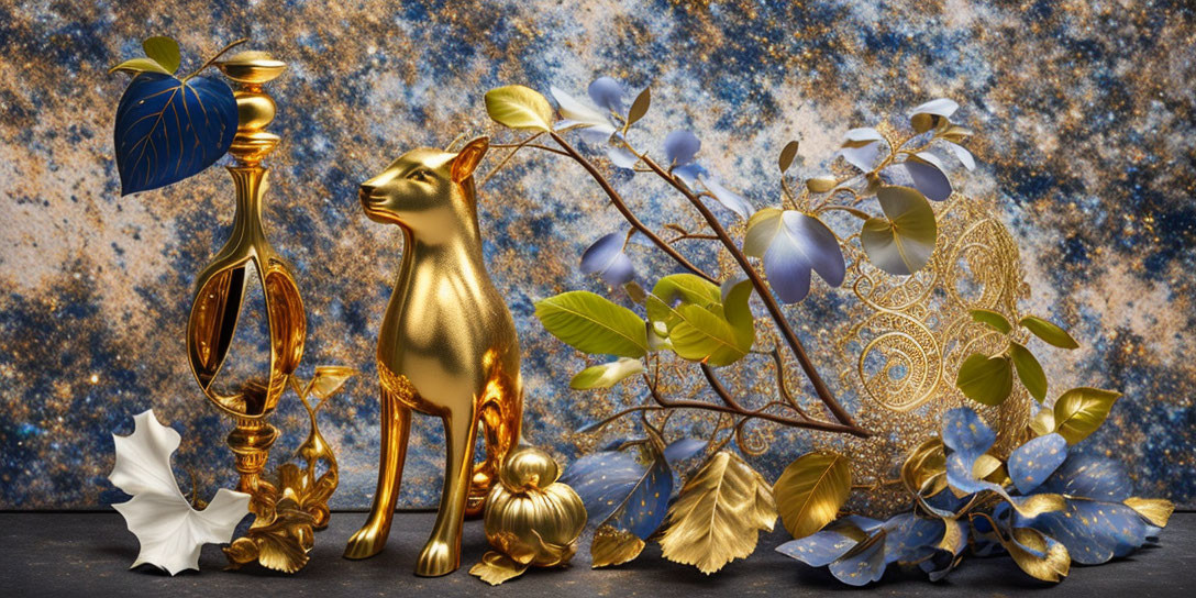 Surreal golden cat sculpture near mirror with blue and gold leaves on starry backdrop