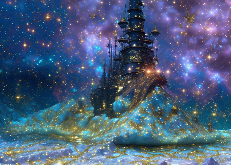 Sparkling Lights Fantasy Castle on Starry Night with Shimmering Hills