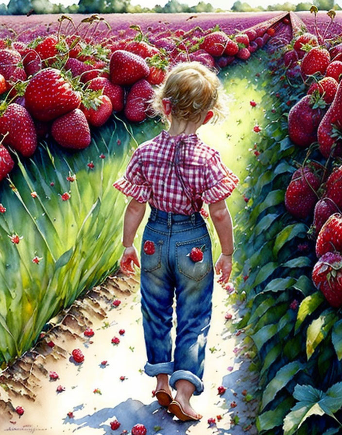 Child in overalls surrounded by ripe strawberries on a farm path