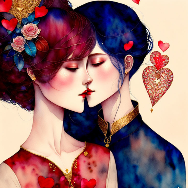 Stylized illustrated figures with elaborate hairstyles share a kiss amid hearts and flowers.