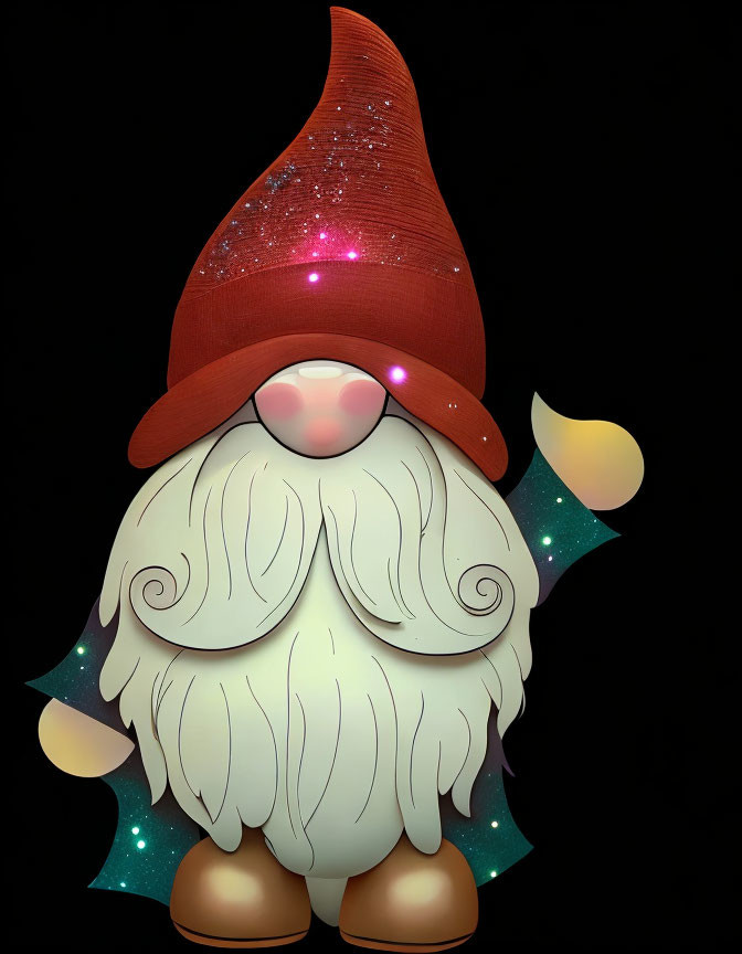 Illustration of whimsical gnome with red hat, white beard, rosy cheeks, and star decorations