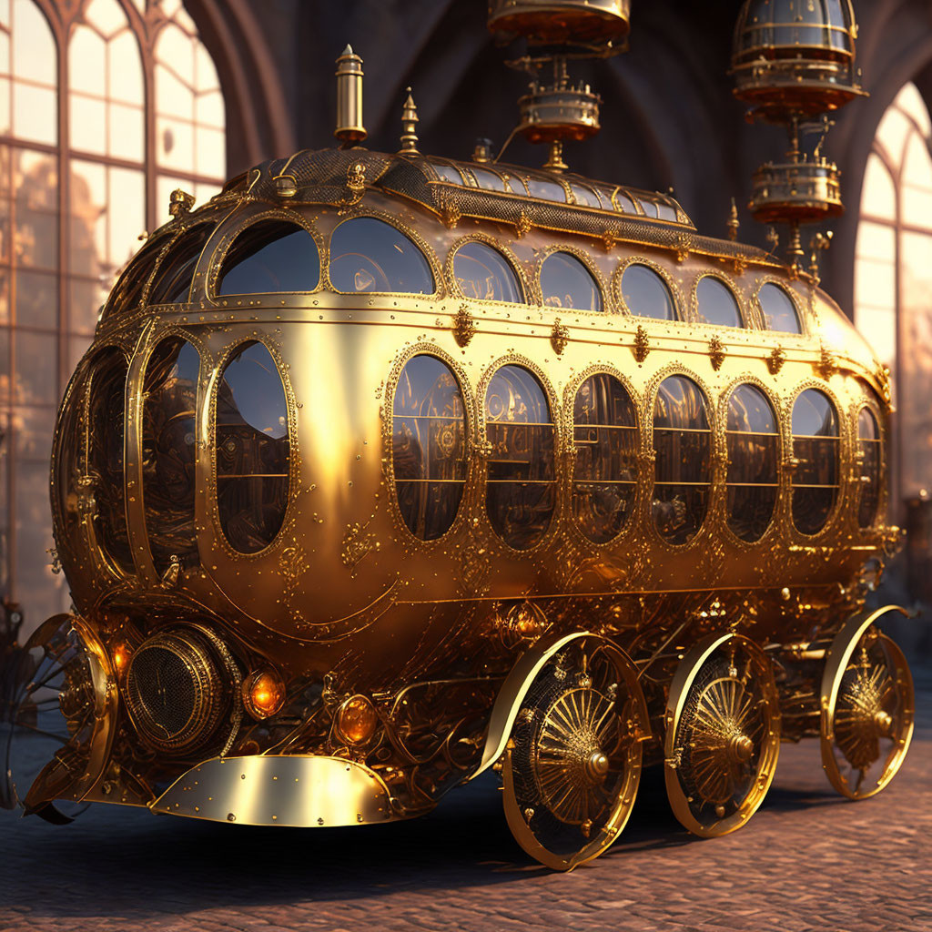 Gold-colored steampunk-style carriage in vintage train station.