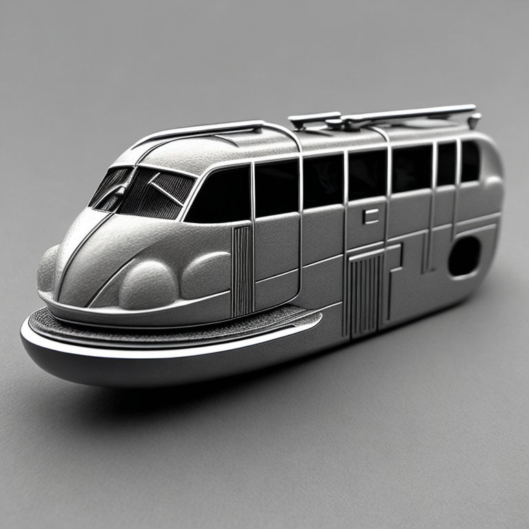 Silver Retro-Futuristic Model Train on Grey Background