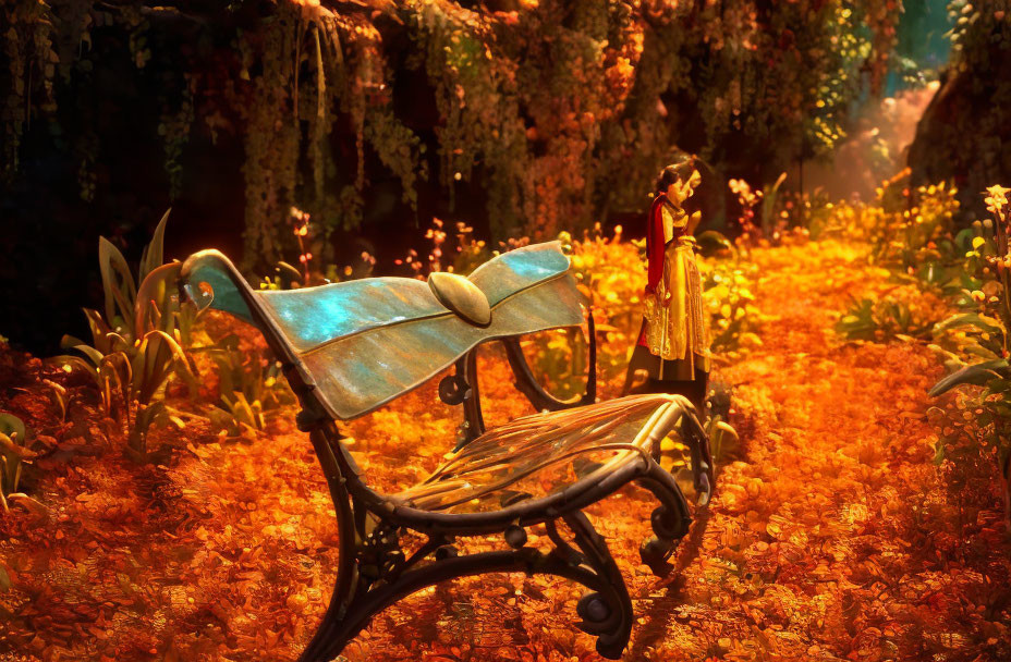 Enchanting autumn forest with glowing trees and vintage bench