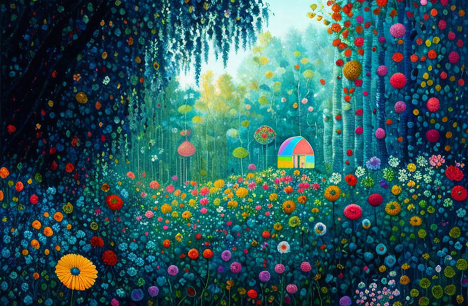 Colorful forest illustration with diverse flowers and whimsical trees surrounding a small house.