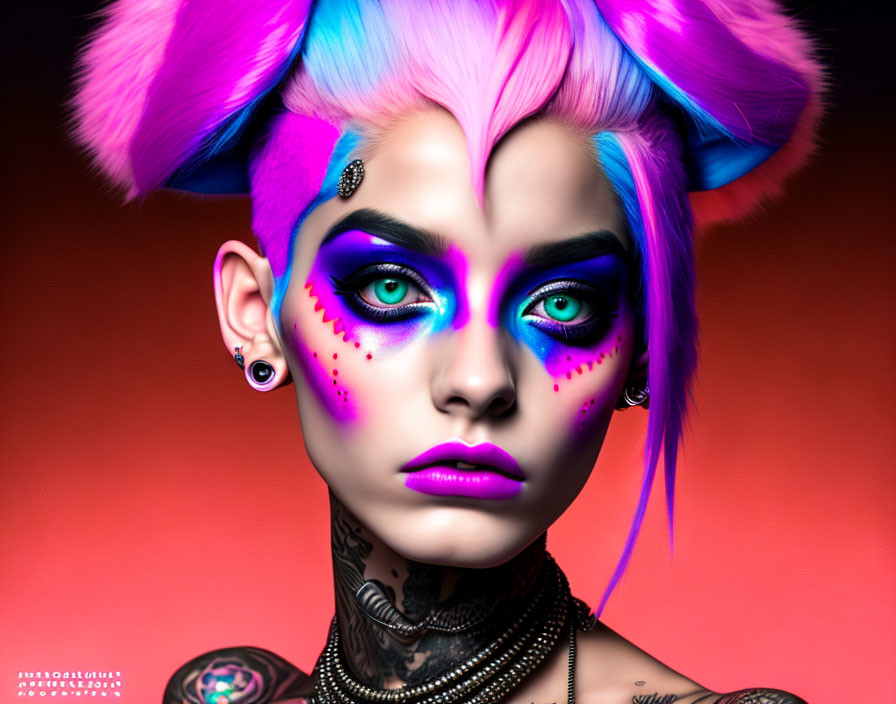 Vibrant pink and blue hair, bold makeup, tattoos, piercing, intense gaze on red background