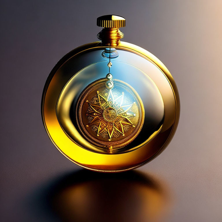 Golden Round Pocket Watch with Compass Design on Transparent Face Against Brown Gradient Background