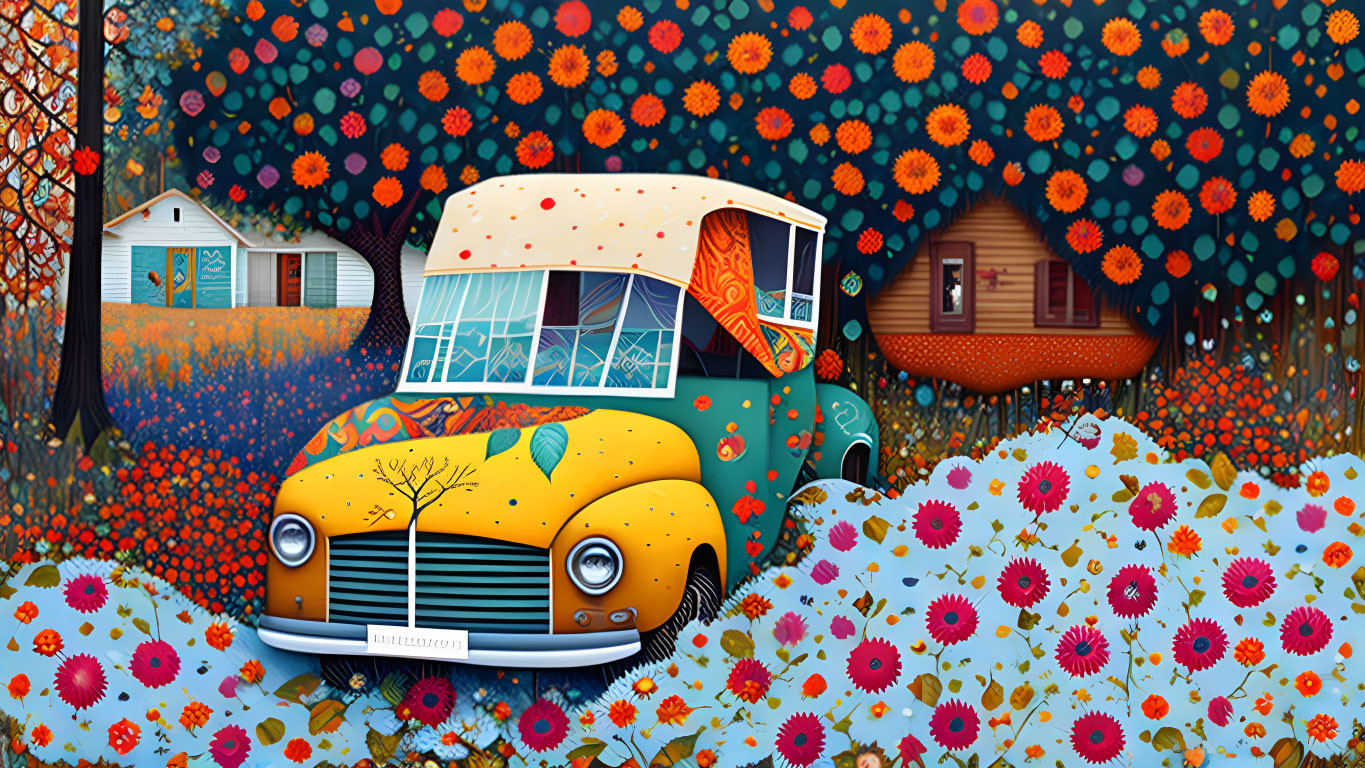 Whimsical vintage van in vibrant flower field scene