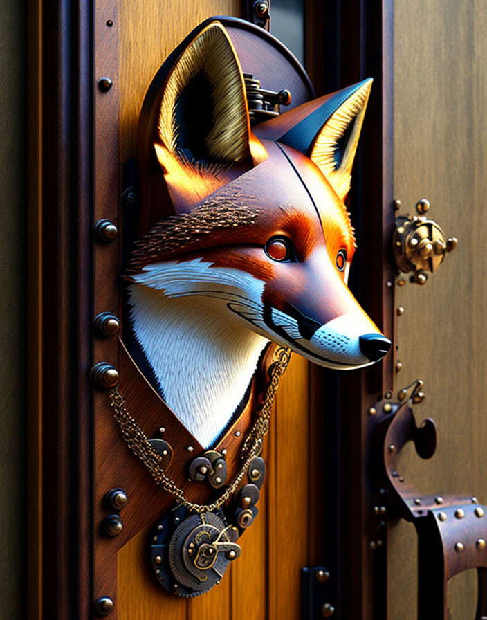 Fox Head Door Knocker with Realistic Fur Texture on Wooden Door