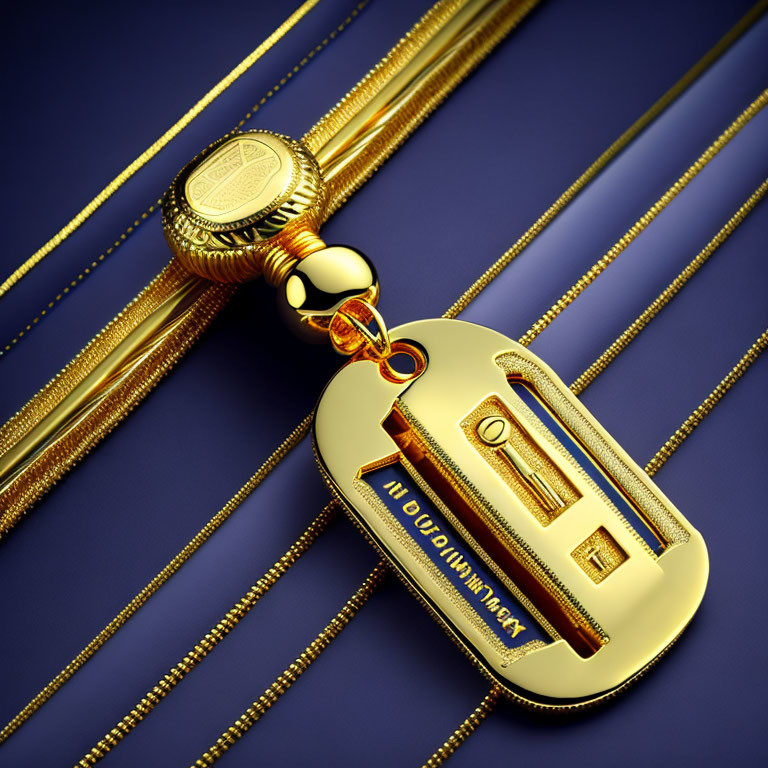 Luxurious Gold Perfume Bottle Pendant on Delicate Chains against Deep Blue Background