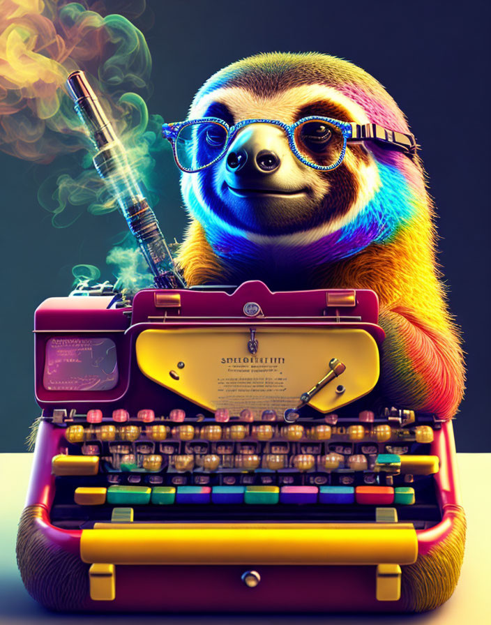 Colorful Stylized Illustration: Sloth with Glasses Typing on Retro Typewriter