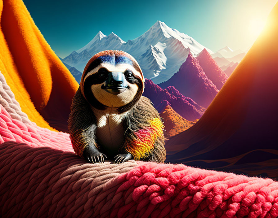 Colorful Fur Sloth Resting on Branch in Vibrant Mountain Sunrise