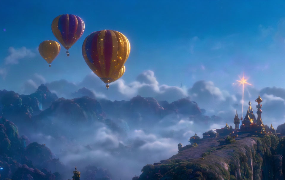 Hot Air Balloons Over Misty Mountains and Castle Landscape