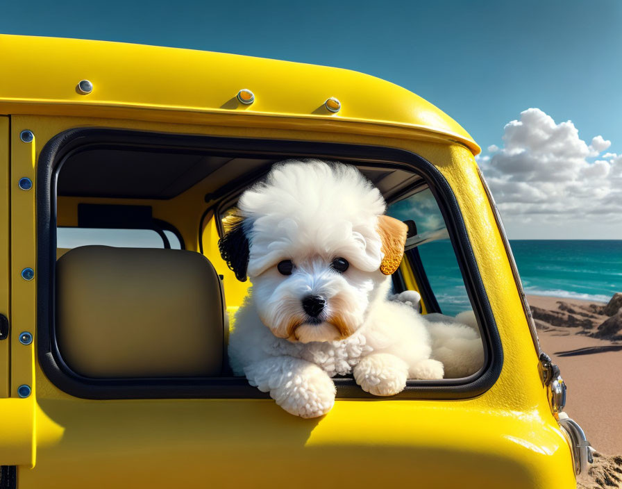 White Puppy with Black Nose in Yellow Vintage Car on Sunny Beach