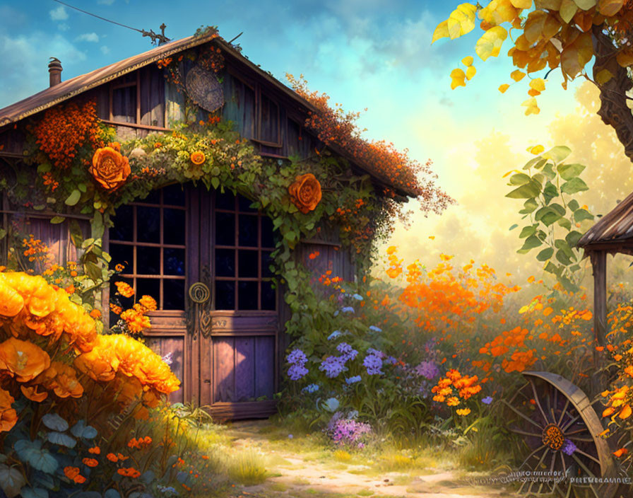 Thatched roof wooden cottage amidst vibrant flowers in golden sunlight