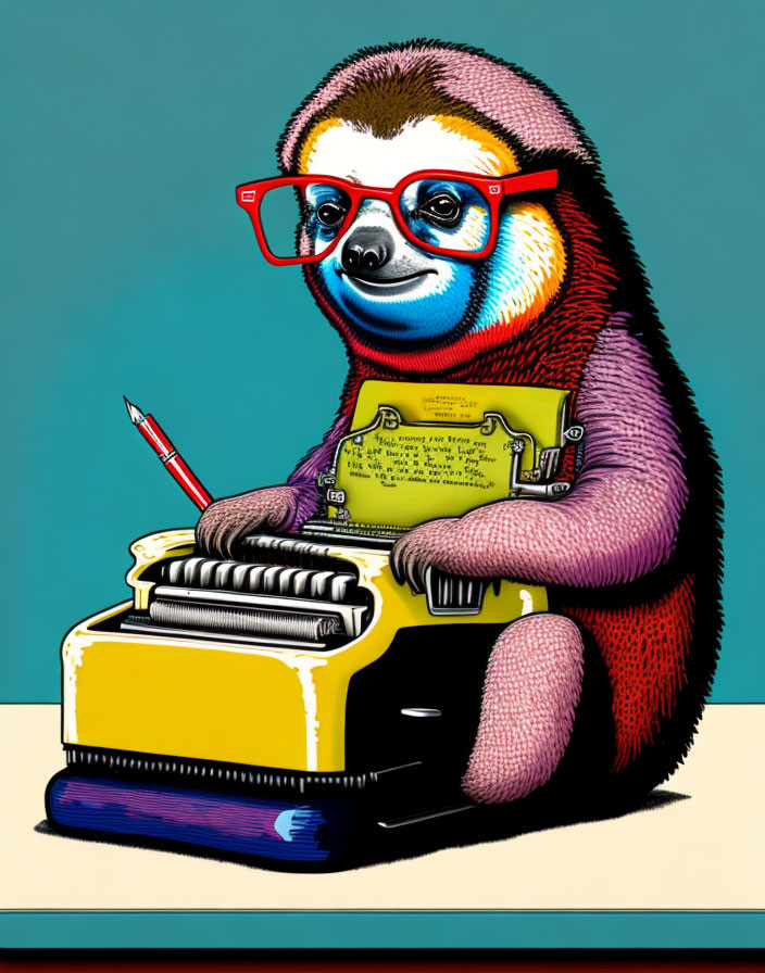 Colorful Illustration: Sloth with Red Glasses Typing on Yellow Typewriter