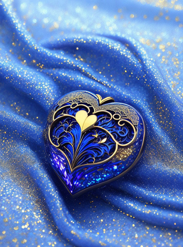 Gold Filigree Heart Pendant on Blue Fabric Background