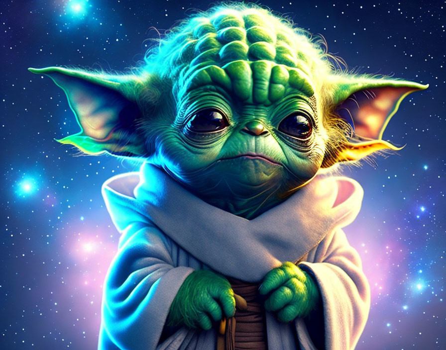 Young Yoda character in Jedi robes against starry space backdrop