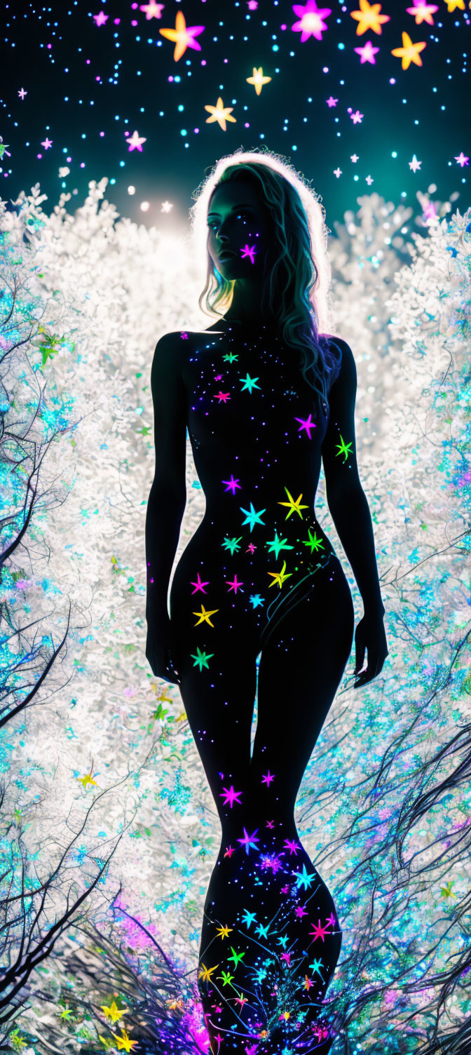 Silhouetted figure with neon star pattern against vibrant blossoms