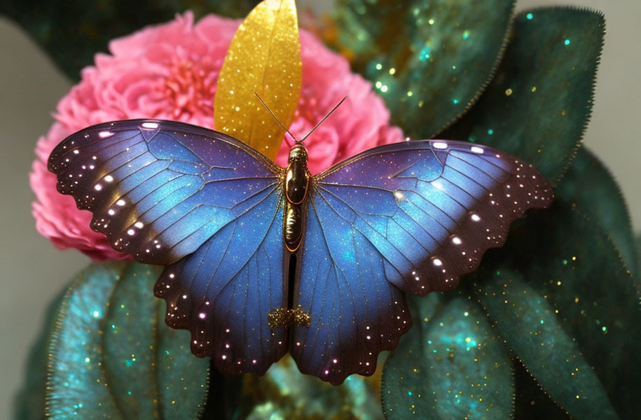 Colorful Butterfly Resting on Green Leaves with Pink Flower and Gold Leaf