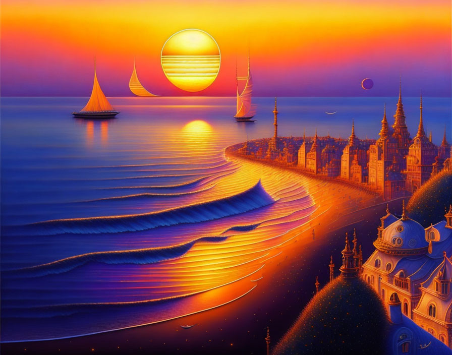 Fantasy seascape with sailboats, golden shoreline, whimsical buildings, and two moons