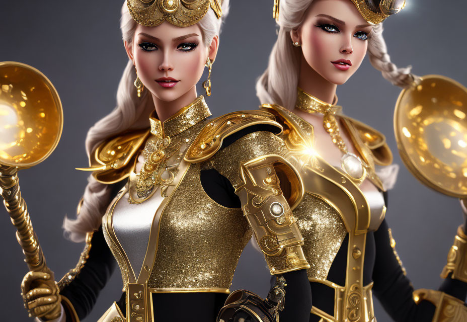 Identical Female Fantasy Warriors in Gold and Black Armor with Scepters