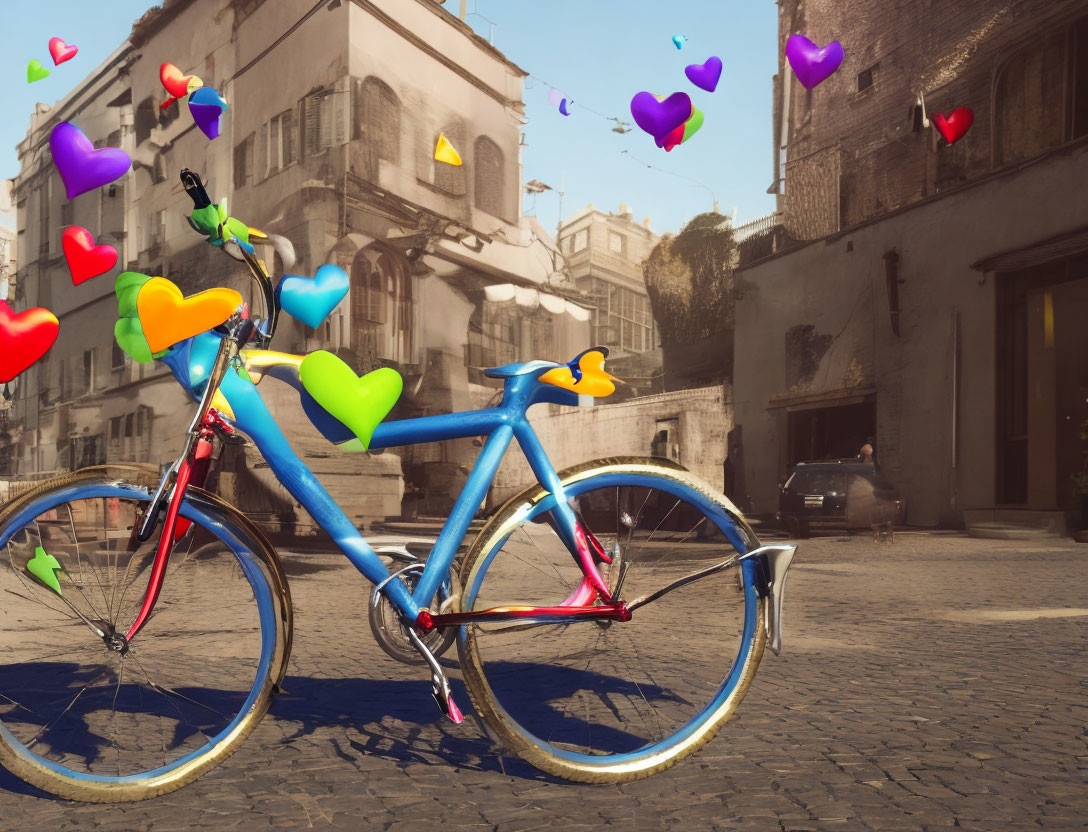 Colorful Bicycle with Heart Balloons on Cobblestone Street in Old European Setting