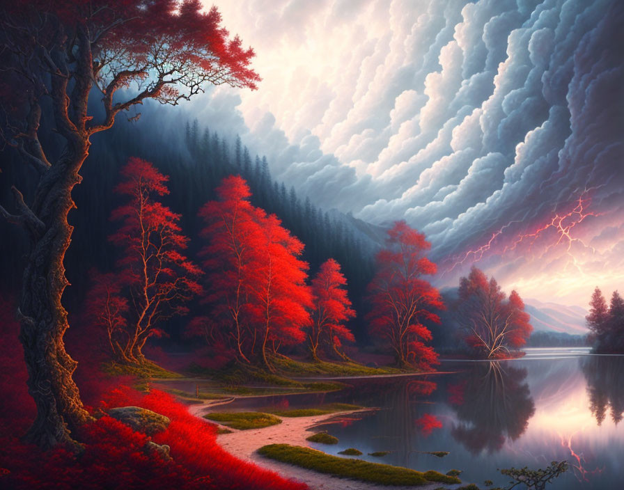 Surreal landscape: fiery red trees, tranquil lake, dramatic sky