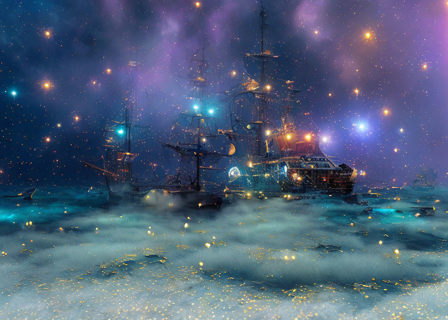 Ancient sailing ships in cosmic nebula with stars and lights