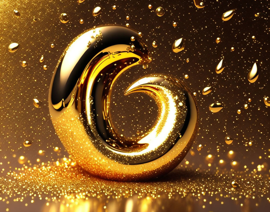 Shimmering Black and Gold 3D Letter 'G' on Gold Background with Water Droplets