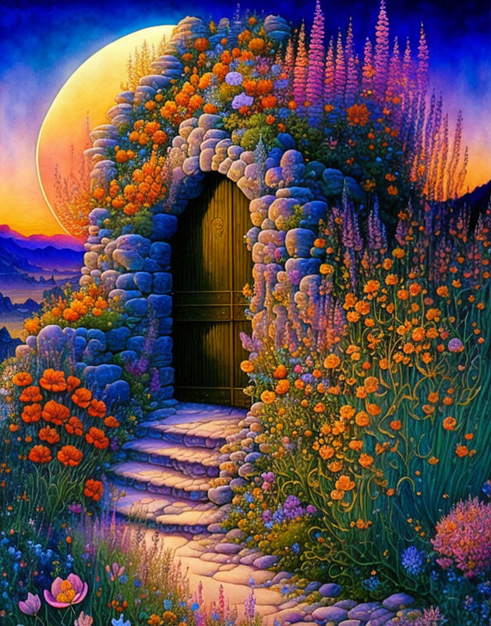 Whimsical garden with stone arch and full moon in twilight