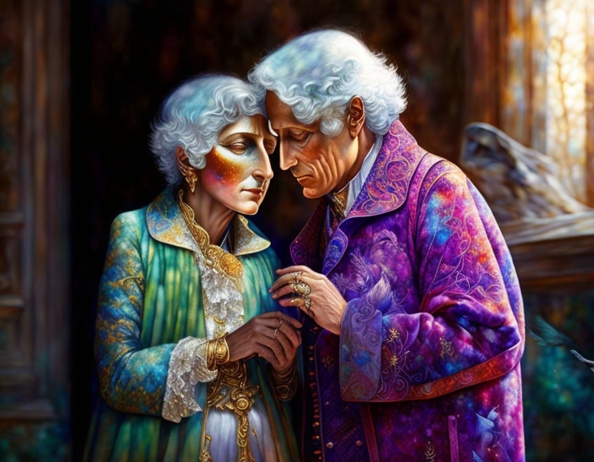 Elderly couple in baroque attire tenderly holding hands