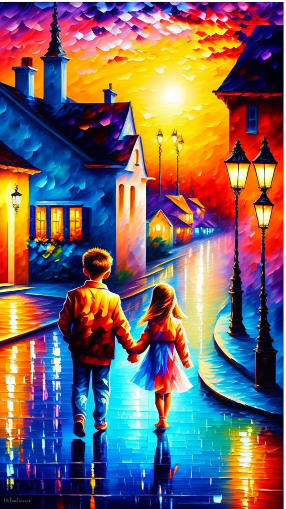 Children walking hand in hand on vibrant cobblestone street at sunset