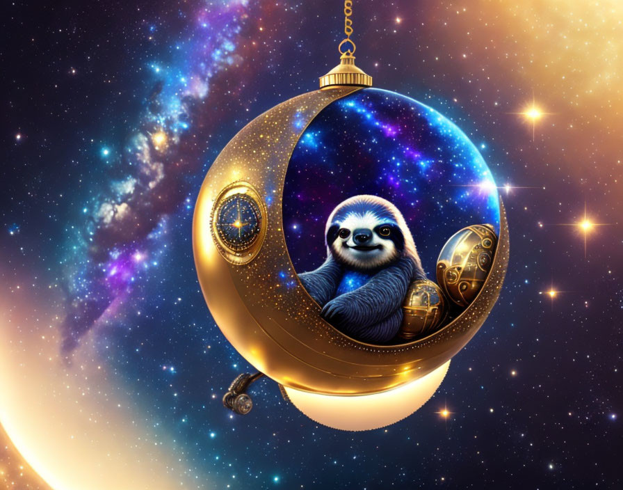 Sloth in spacesuit inside steampunk Christmas ornament in space