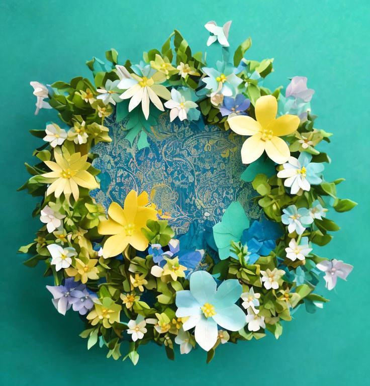 Handcrafted Paper Flower Wreath with Blue, Yellow, and White Flowers