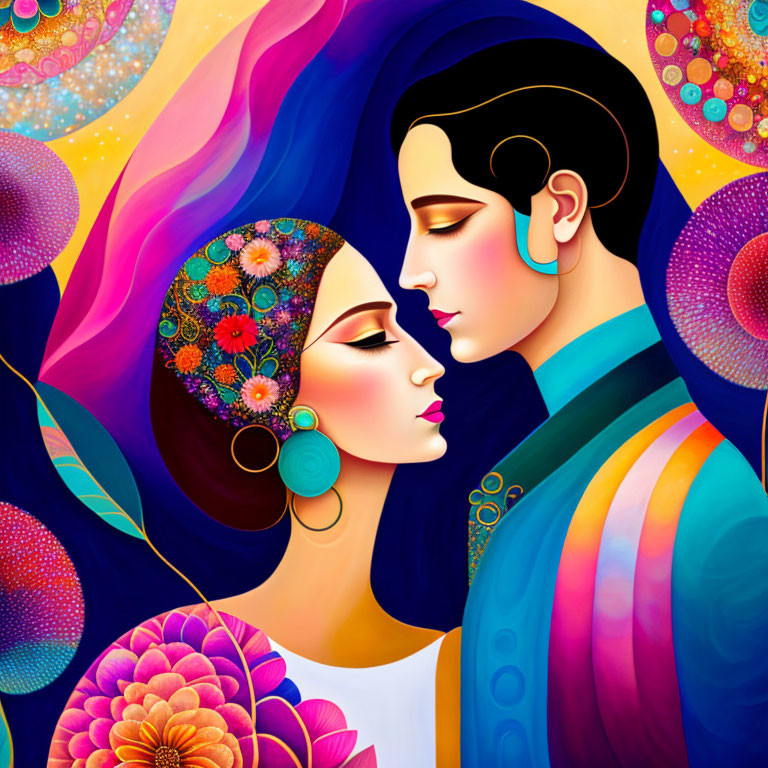 Vibrant stylized couple illustration with floral patterns