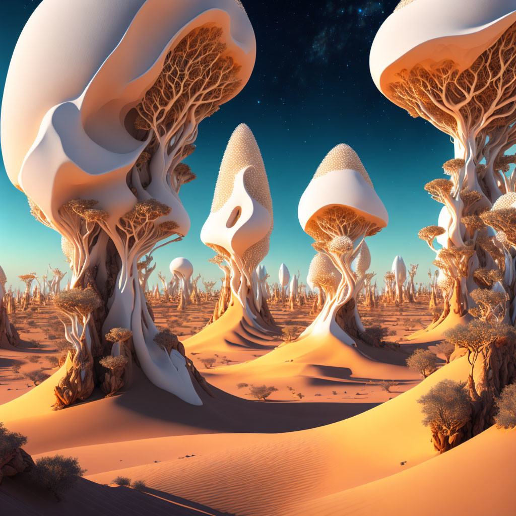 Surreal desert landscape with oversized mushroom-like trees under transitioning sky