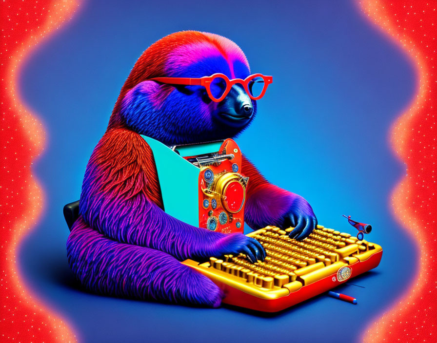 Colorful Sloth Typing on Retro Typewriter Against Blue Background