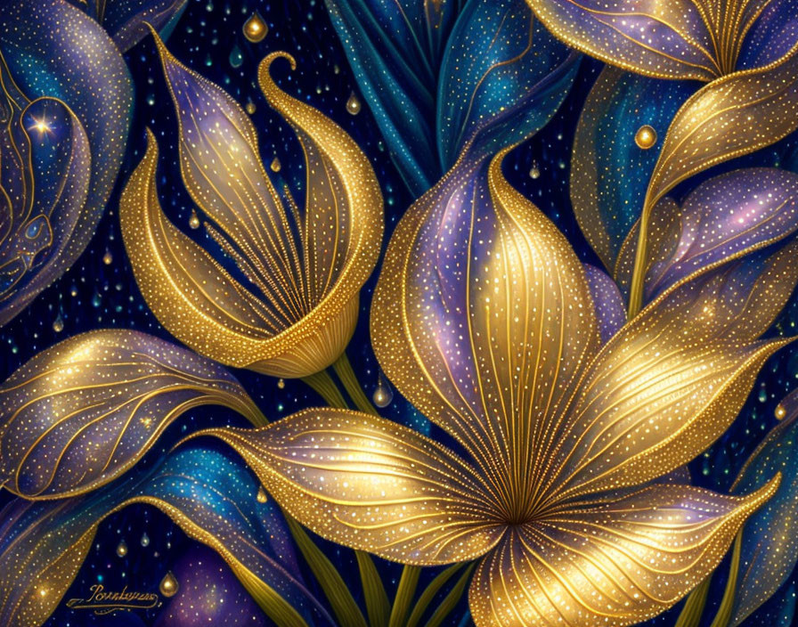 Glowing golden flowers on dark starry background