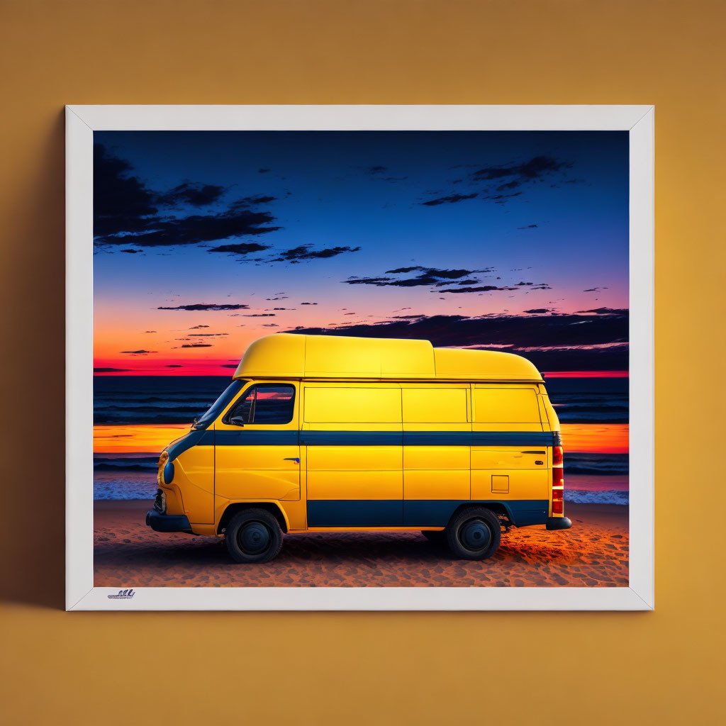 Yellow Van on Beach at Sunset with Vibrant Sky Colors