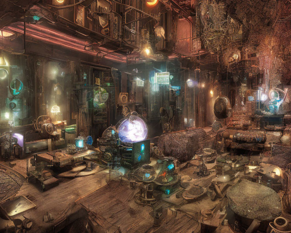 Steampunk-themed room with vintage furniture and glowing orbs