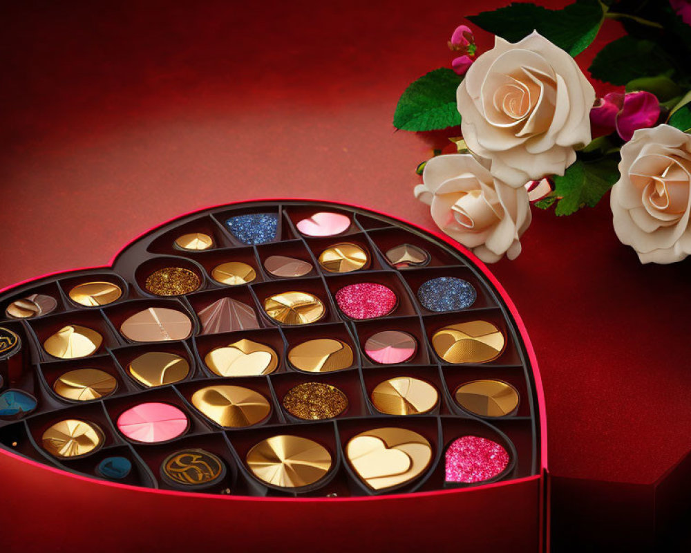 Heart-shaped box with assorted chocolates and white roses on red background