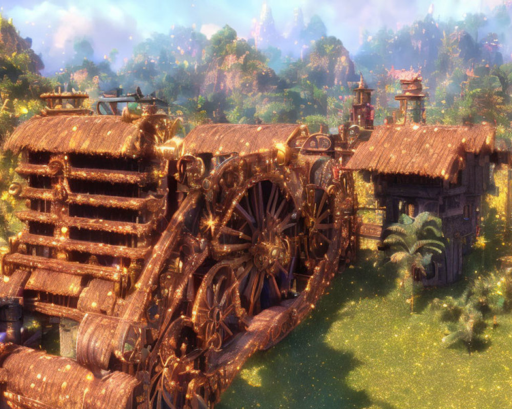 Fantastical landscape featuring large wooden gear-driven structure in lush forest.