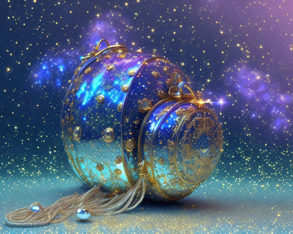 Ornate cosmic sphere with golden accents on celestial backdrop