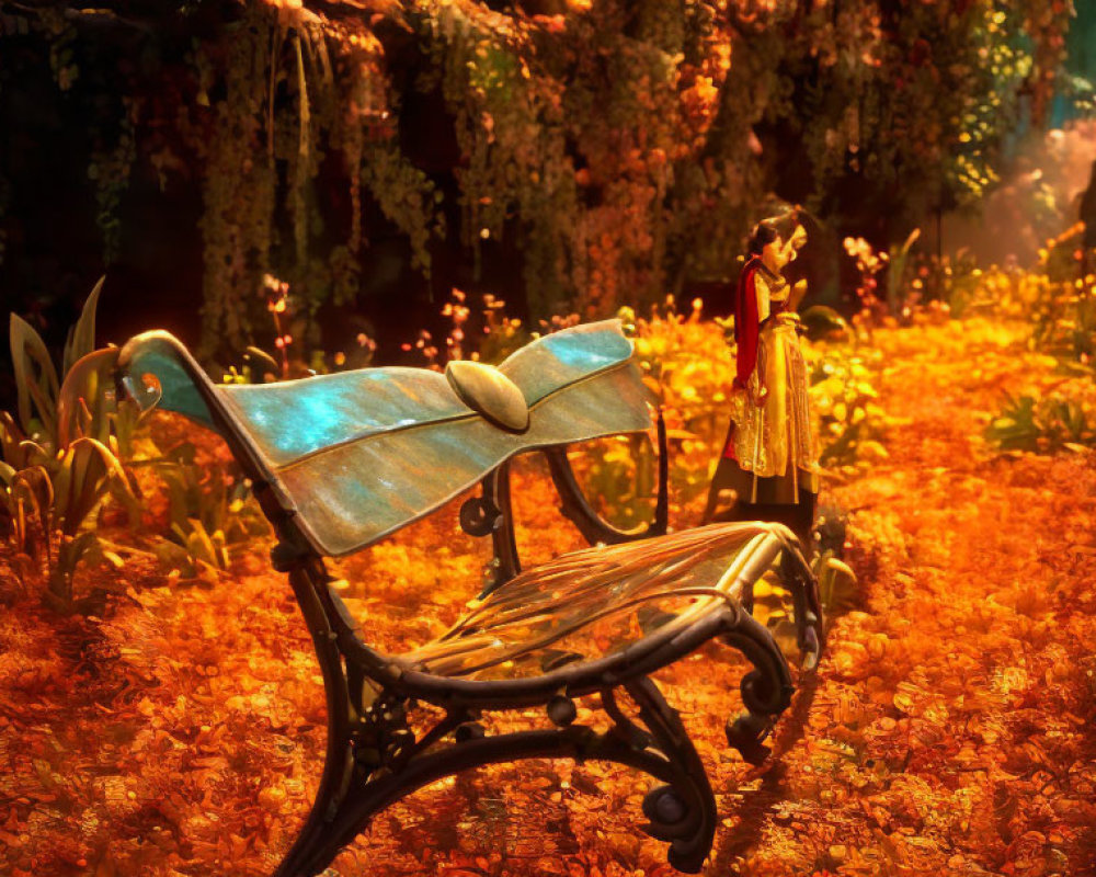 Enchanting autumn forest with glowing trees and vintage bench